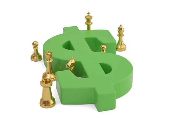 Grote valutasymbool en goud Schaken geïsoleerd op witte achtergrond — Stockfoto