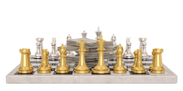 En hög med dollar och schack på schack bräde över vit bakgrunds — Stockfoto