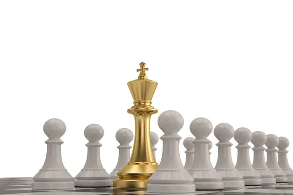 Golden chess and white chess on chessboard over white background — Stock Photo, Image