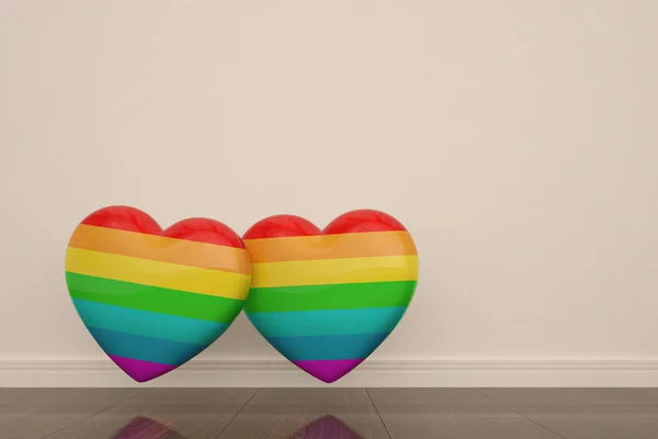 Two rainbow heart on wooden floor 3D illustration.