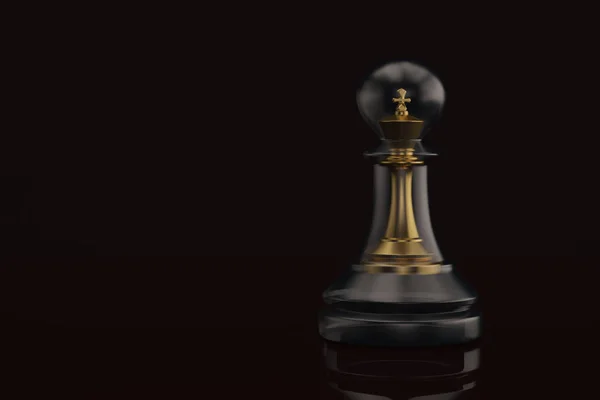 Siyah arka planda siyah piyon bir altın kral. 3D çizim.