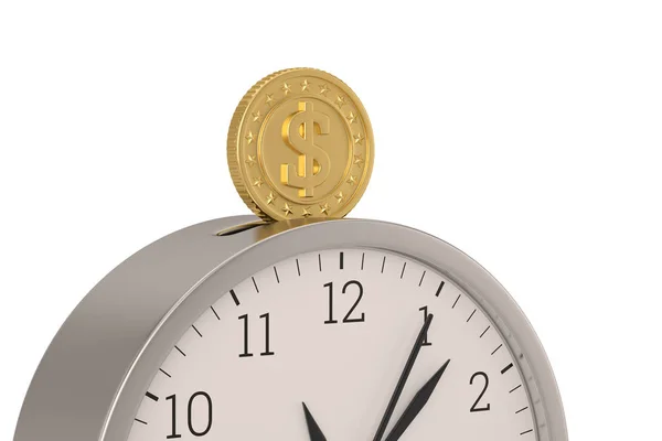 Zlatá mince a hodinová banka izolovaná na bílém pozadí. 3D ilustr — Stock fotografie