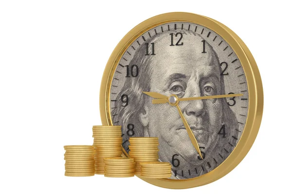 Altın sikke ve ABD Doları saat beyaz arka planda izole. 3d — Stok fotoğraf