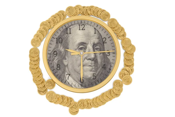 Золоті монети та долар США годинник ізольовані на білому фоні. 3d — стокове фото