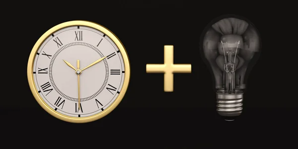 Золотые часы и лампочка на черном фоне. 3D иллюстрация . — стоковое фото
