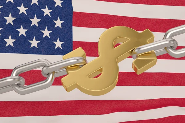 Gold currency symbol and iron chain on american flag background.