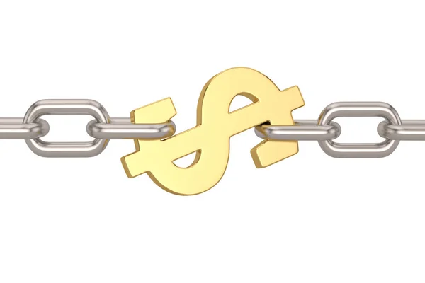Goldwährungssymbol und Eisenkette isoliert auf weißem Hintergrund — Stockfoto