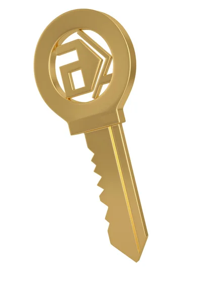 Gold house key isolated on white background 3D illustration. — Stock Photo, Image