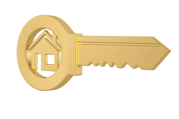 Χρυσό κλειδί σπιτιού απομονώνεται σε λευκό φόντο 3D εικόνα. — Φωτογραφία Αρχείου
