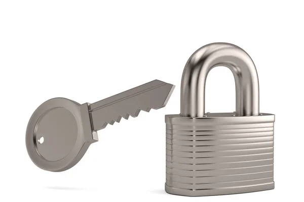 Stalen sleutel en lock geïsoleerd op witte achtergrond. 3D illustratie — Stockfoto