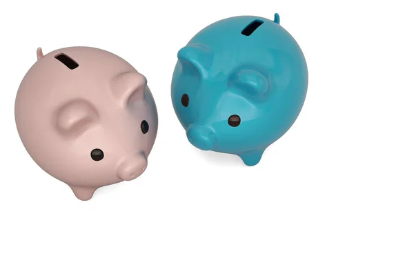 Rosa und blaues Sparschwein auf weißem Hintergrund. 3D-Illustration. — Stockfoto