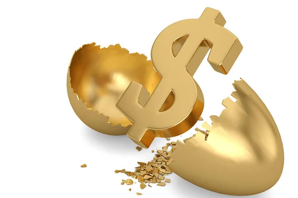 Dollar teken en breek goud ei. 3D illustratie. — Stockfoto