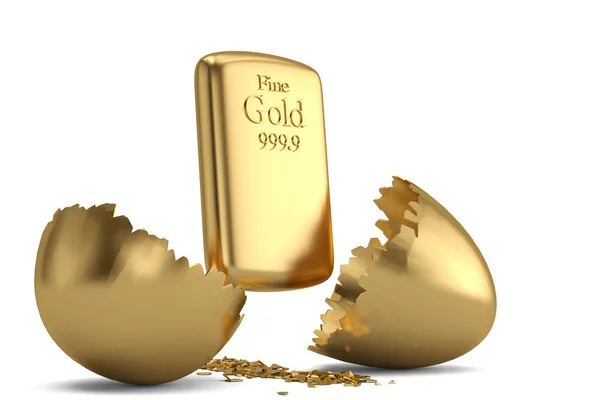 Złoty bar i złamać złote jajko. ilustracja 3D. — Zdjęcie stockowe