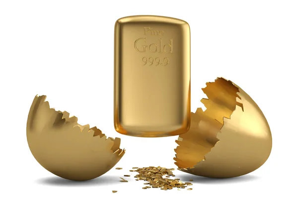 Zlatý bar a rozbít zlaté vajíčko. 3D ilustrace. — Stock fotografie