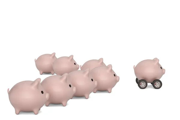Pink piggy bank and four wheels.3D illustration. — Stock Photo, Image