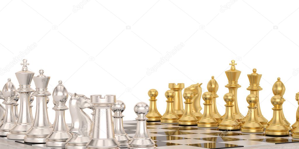 Golden chess and silver chess on chessboard over white backgroun