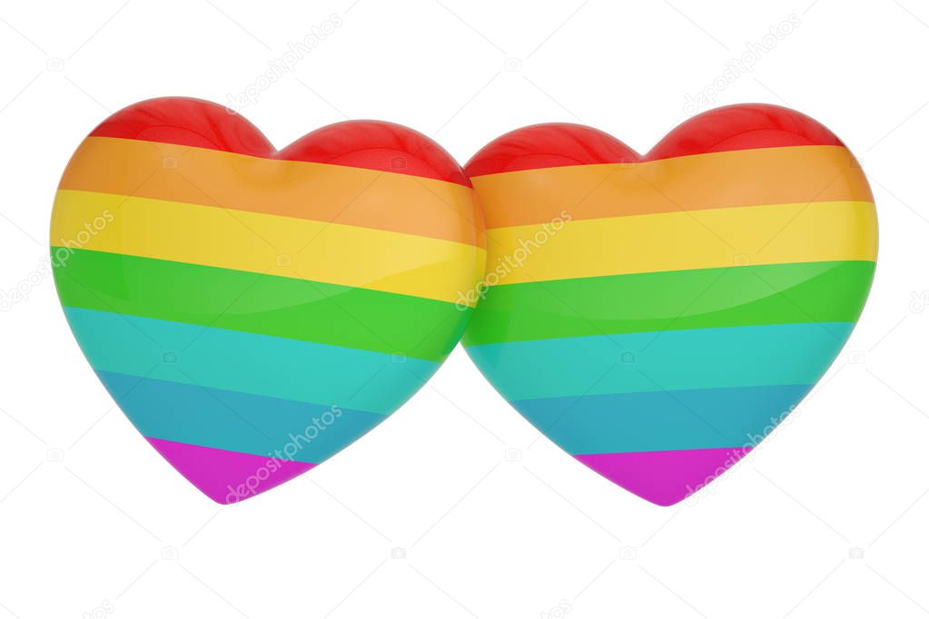 Two rainbow heart isolated on white background 3D illustration.