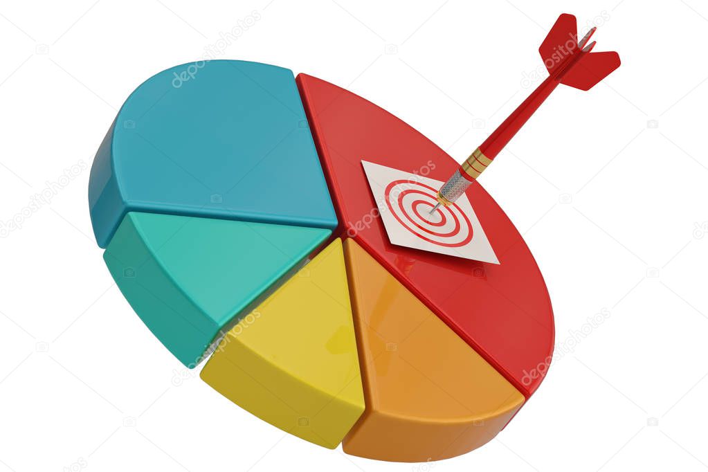 Pie chart and darts isolated on white background. 3D illustratio