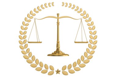 Yargı ağırlığı altın defne çelenk ve denge whi izole