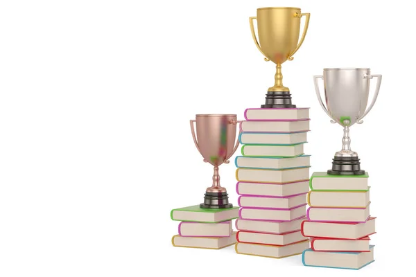 Trofee en boek stapels geïsoleerd op witte achtergrond. 3D Illustra — Stockfoto