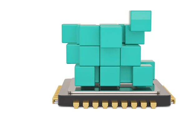 Blauwe kubus en CPU geïsoleerd op witte achtergrond. 3D-illustratie. — Stockfoto