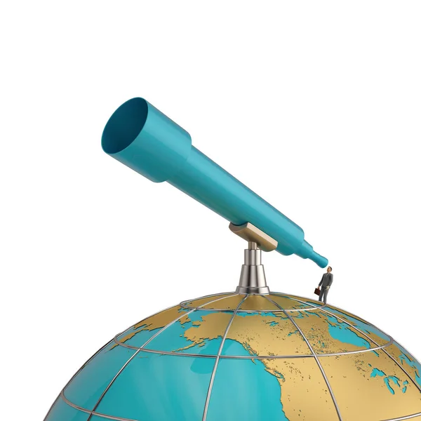 Big telescope and businessman on globe. 3D illustration. — Stock Photo, Image
