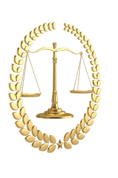 Corona de laurel de oro de peso judicial y el equilibrio aislado en whi — Foto de Stock