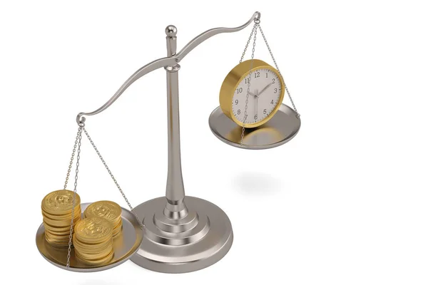 Zlaté mince a hodiny na bílém pozadí. 3D znázornění — Stock fotografie