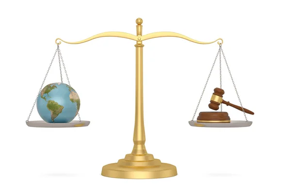 Juridische hamer en Globe op weegschaal over witte achtergrond. 3D illust — Stockfoto