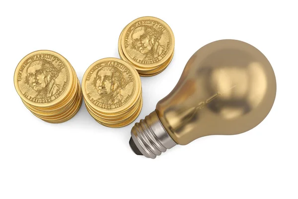 Gouden munten stapels en gloeilamp geïsoleerd op witte achtergrond. 3d — Stockfoto