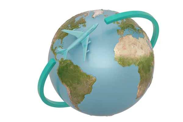 Blue jet airplane and globe isolated on white background 3D illu — Stock Photo, Image