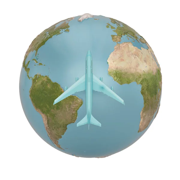 Blaues Düsenflugzeug und Globus isoliert auf weißem Hintergrund 3d illu — Stockfoto