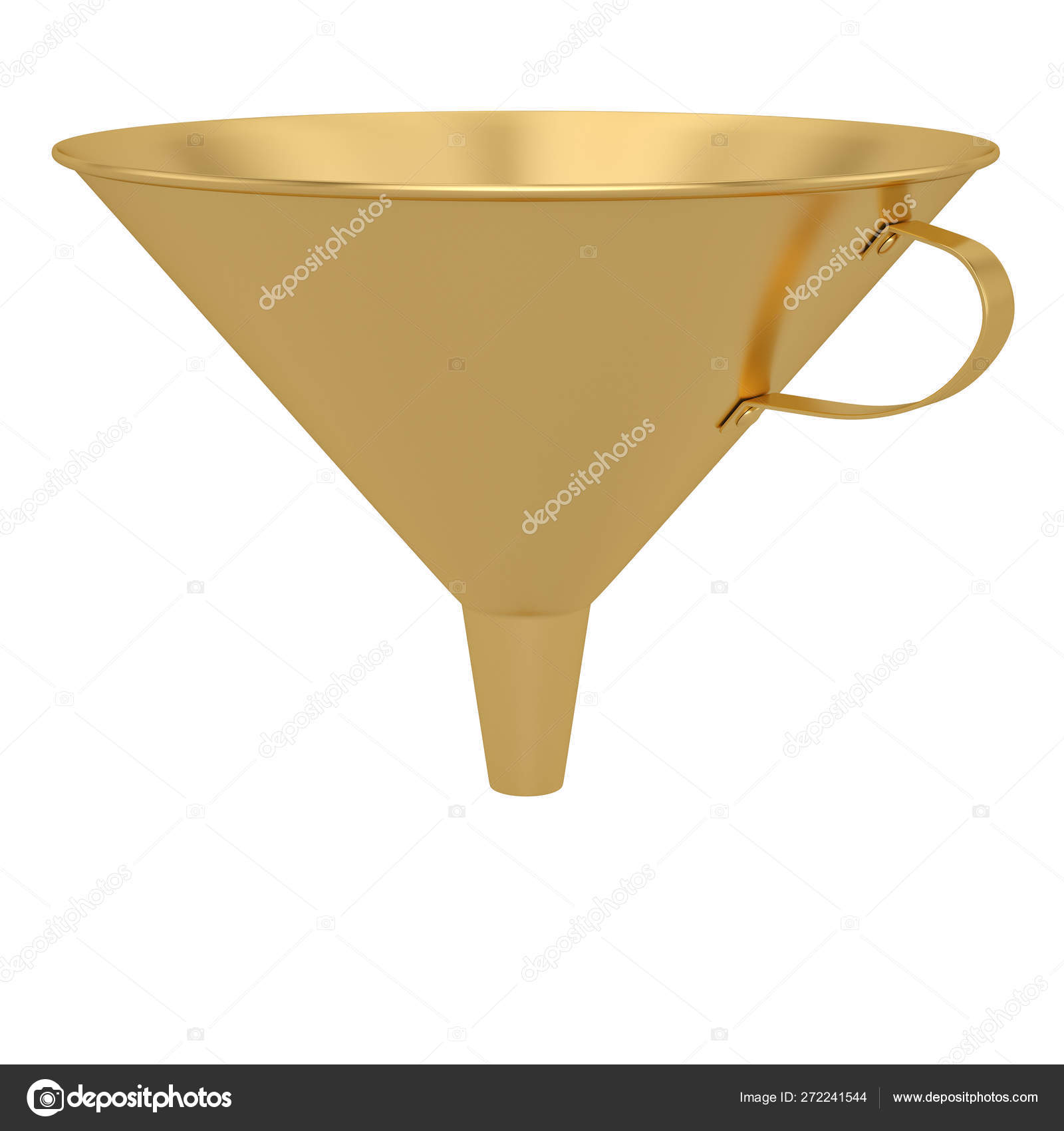Gold funnel isolated on white background. 3D illustration. Stock Photo