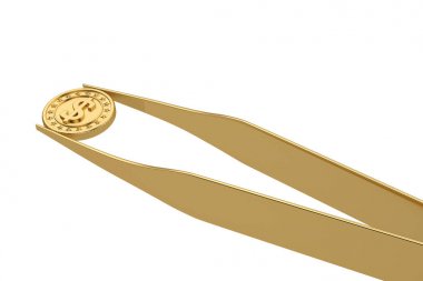 Altın sikke ve cımbız para kavramı beyaz backgrou izole