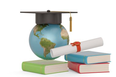 Küre ve beyaz backg izole kitaplar ile Kare akademik kap
