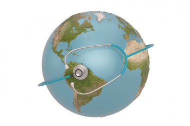 Stetoskop ve küre beyaz arka plan üzerinde izole. 3d illüstratör