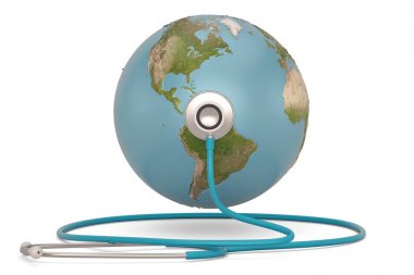 Stetoskop ve küre beyaz arka plan üzerinde izole. 3d illüstratör