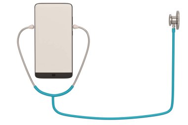 Beyaz arka planda izole stetoskoplu akıllı telefon. 3d i