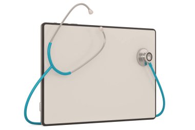 Beyaz arka planda izole edilmiş stetoskoplu tablet. 3d illust