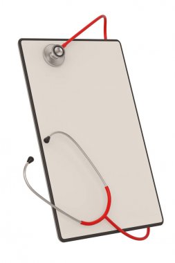 Beyaz arka planda izole edilmiş stetoskoplu tablet. 3d illust