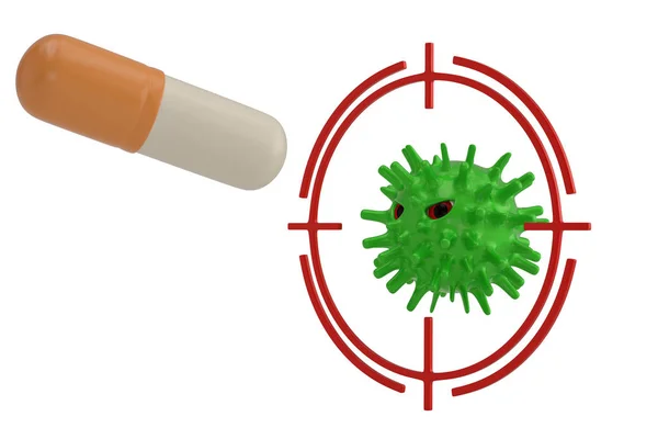 Virus verde e grande capsula isolata su sfondo bianco. Malattia 3D — Foto Stock