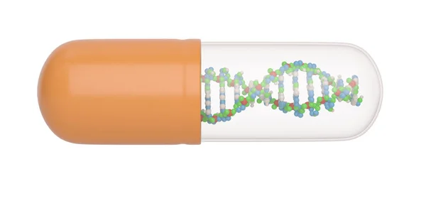 Genetik tıp kapsül iso içinde büyük bir hap ve Dna yapısı — Stok fotoğraf