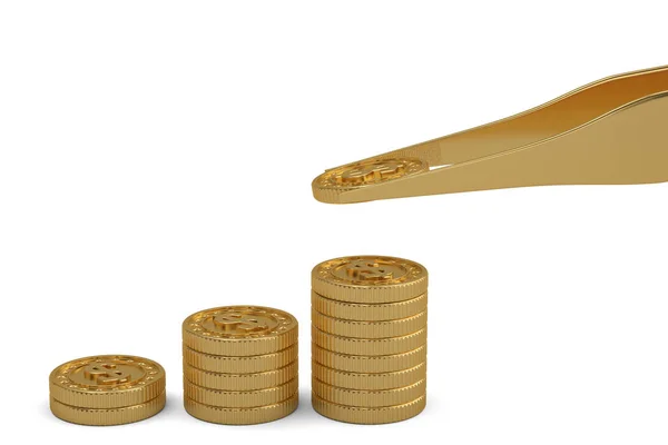 Gouden munten en pincet geld concept geïsoleerd op witte blauw — Stockfoto