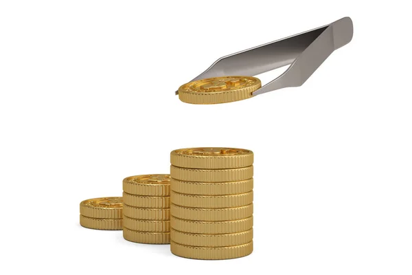 Gouden munten en pincet geld concept geïsoleerd op witte blauw — Stockfoto