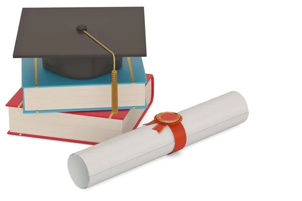 Square academic cap with books and diploma scroll isolated on wh — Stock Photo, Image