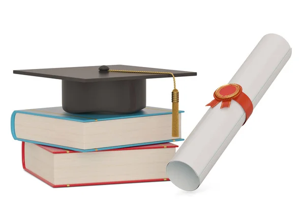 Square academic cap with books and diploma scroll isolated on wh — Stock Photo, Image