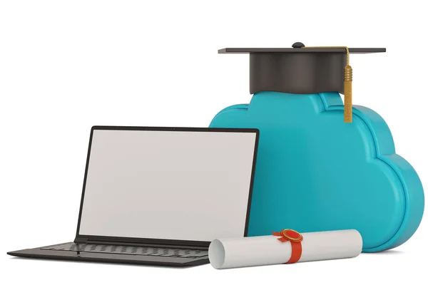 Square academic cap with cloud and laptop isolated on white back — Stock Photo, Image