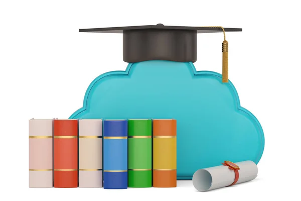 Square academic cap with cloud and books isolated on white backg — Stock Photo, Image