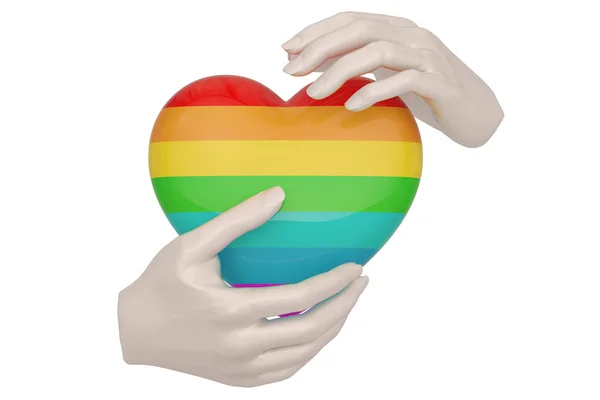 Bainbow heart in hands isolated on white background. 3D illustra