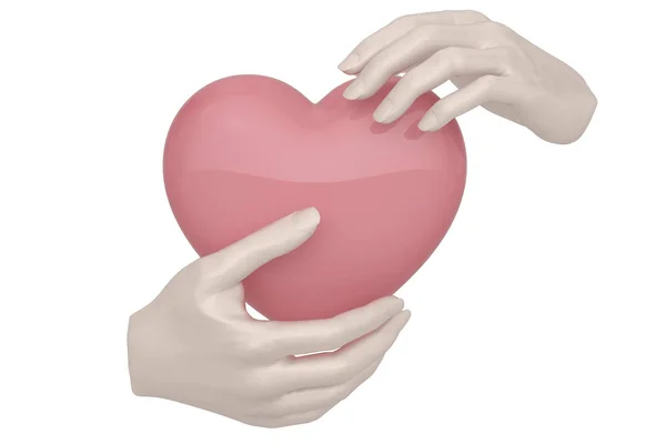 Grande cuore in mani isolate su sfondo bianco. Illustrazione 3D — Foto Stock